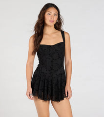 Flirty Instinct Flocked Floral Velvet Ruffle Romper