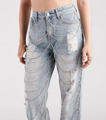 Glitzy Icon Rhinestone Draped Straight-Leg Jeans