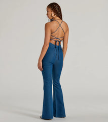 Casual And Cool Lace-Up Flare Denim Jumpsuit