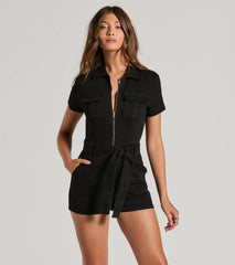Done In One Zip-Front Tie-Waist Denim Romper